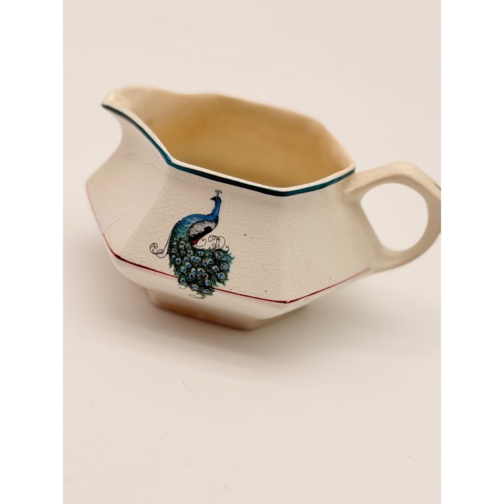 Vintage Hexagonal Peacock Ceramic Creamer Pitcher Cream Blue Art Deco 5117X